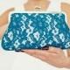 Wedding  Purse Peacock Teal Blue Romantic  Lace Large Size Clutch Ready to Ship