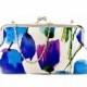Purse Clutch Large Tulips Floral Lilac Dupion Silk Spring Summer Blue Purple Bright Silver Chain