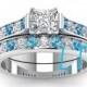 Disney's Princess Cinderella Inspired 2.5Cts  Swarovski Diamond and Aquamarine Sterling Silver or White Gold Engagement Bridal Ring Set