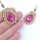 Shabby Chic Bridal Rhinestone Drop Earrings - Fuchsia Pink and Gold Soutache Earrings for Bride