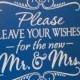 Guest Book/Please Leave Your Wishes For the New MR and MRS/Wedding Sign/Photo Prop/U Pick Color/Great Shower Gift/Vineyard/Royal Blue/White