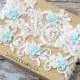 Ivory Pearl Beaded Lace with Mint Blue Flower Wedding Garter Set , Ivory Lace Garter Set, Toss Garter , Keepsake Garter  / GT-44