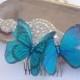 Silk Butterfly hair comb with Swarovski Crystals, ideal for Wedding or Prom. Teal & Blue.