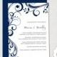 Navy Wedding invitation template "Scroll" - Printable invitations - Navy blue YOU EDIT digital Word template/ JPG Instant Download