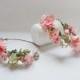 Silk Flower Crown in Peach with Peach Blossoms and Greenery Boho Bridal Accessories