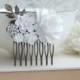 White Flowers Comb, Rose, Pearl, Rhinestone Diamente, Brass Leaf Sprig, Pearl Antiqued Brass Hair Comb. White Vintage Style, Bridal Wedding