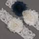 Navy Blue and Ivory Garter Set Something Blue Bridal Garter Wedding Garter Lace Garter Vintage Garter Shabby Flowers Garder Blue Garter