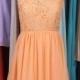 Peach bridesmaid Dress, Scoop Neck Short Lace Chiffon Bridesmaid Dress, Custom Made Bridesmaid Dress