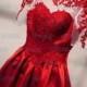 PD16015 Red color short lace sleeves homecoming party dress