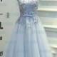 PD16017 2016 tea length dusty blue grey backless tulle homecoming prom dress