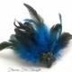 Blue Feather Fascinator, FFT Original Design, Headpiece Beaded Flower Freshwater Pearl Bride Bridesmaid Wedding Hair Accessory
