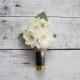 Shotgun Shell Wedding Boutonniere with Ivory Peonies and Hydrangeas