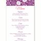 Wedding Menu Template DIY Menu Card Template Editable Text Word File Instant Download Purple Eggplant Menu Rose Printable Menu 4x7inch