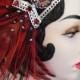 Lady Is A Vamp - Bejeweled Peacock Feather Flapper Headband in Ruby Red, Black and Silver