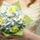 Hydrangea and Roses Paper Wedding Bouquet - Blue and Yellow Bridal Bouquet