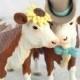 Hereford Cow and Bull Wedding Cake Topper with Sunflower, Bowtie and Cowboy Hat for Rustic Country Western, Farm or Barn Themes