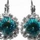 Indicolite Crystal Earrings Swarovski Rhinestone Earrings Indicolite Halo Sparkly Earrings Leverback Wedding Earrings Bridesmaids Jewelry