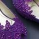 Purple Peep Toe Crystals Wedding Shoes,Bridal Ballet Shoes,Purple Lace Open Toe Flats Shoes,Women Wedding Shoes,Comfortable Bridal flats