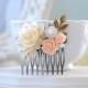 Bridal Comb, Peach Wedding Hair Comb, Ivory Peony Peach Salmon Pink Rose Flower Antiqued Gold Leaf Branch Pearl Hair Comb, Bridesmaid Gift