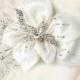Rhinestone Flower hair clip -  silver & Ivory Fabric Accented with Crystals and Bugle Beads