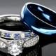 His and Hers 925 Sterling Silver Blue Sapphire Stainless Steel Wedding Rings Set