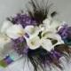 Calla lily wedding bouquet Real touch mini white calla lily peacock feather cascading bridal bouquet