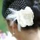 Ivory Magnolia Bridal Flower Hair Clip, Wedding Flower Hair Comb, Wedding Flower Headpiece with Rhinestones, Feathers, Netting, No. 202IFN