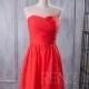 2015 Coral Bridesmaid dress, Orange Red Wedding dress, Strapless Prom dress, Womens Formal dress, Party dress Chiffon tea length (B072B)