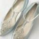 Art Deco Something Blue Wedding Shoes with Great Gatsby Crystal Applique T-Strap Kitten Heel Silk Satin Bridal Shoes