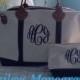 Monogram Tote Bag + Monogram Make up Bag. Cosmetic Bag. Monogram Decal. Bridesmaid Gift. Canvas Tote. Monogram Overnight Bag. Gift Set.