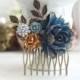 Blue Wedding Comb Navy Blue Gold Flower Comb Antiqued Dusty Blue Fall Rustic Blue Gold Wedding Something Blue Wedding Vintage Gold Wedding