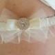Wedding Garter SET in Ivory Tulle with Double Bow and Swarovski Crystal Centering -The MALLORY Garter