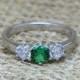 Genuine Emerald and Lab Diamond Vintage style 3 stone trilogy ring - engagement ring - wedding ring