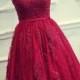 PD16022 Beautiful red burgundy tea length lace sheer back prom party dress
