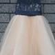 Champagne Dress &Navy blue lace Navy blue ribbon Wedding Flower Girls Dress Tulle Rustic Baby Birthday Dress