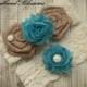 TURQUOISE Bridal Garter Set - Keepsake & Toss Garters - Burlap Chiffon Flower Pearl Ivory Lace Garters - Rustic Wedding - Something Blue