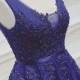 Swoon blue v neckline low back tulle long prom evening dress
