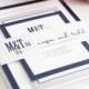 Modern Logo Wedding Invitations Sample in Navy and SIlver on Pearl Shimmer Luxury Cardstock
