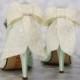 Wedding Shoes -- Mint Peep Toe Wedding Shoes with Ivory Lace Overlay Bow and Pearl Covered Ankle Strap - New