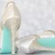 Wedding Shoes -- White Platform Peep Toe Wedding Shoes with Silver Rhinestone Heel and Pleats and Blue Painted Sole - New
