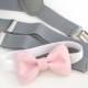 Baby Pink bow-tie & Light gray elastic suspender set, Adjustable neck strap and suspender - Blush pink bow tie and light gray suspenders