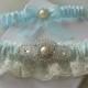 Wedding Garter Set Baby Blue With Ivory Chantilly Lace Pearl And Rhinestone Embellishment
