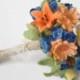 Alternative felt flower wedding bouquet with orange, yellow, white and blue wool flowers - day lily, gerbera daisy, rose with burlap