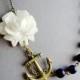 White Flower Necklace,Flower Necklace,White Floral Necklace,Navy Blue Necklace,Navy Blue Necklace,Nautical Necklace,Anchor Necklace,Gift