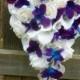 Cascading Ivory/white real touch rose, calla lily and purple blue dendrobium orchid bouquet, galaxy orchid bouquet