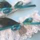 Peacock Feather Wedding Garter Set, Personalized Bridal Garters in White Venise Lace & Satin with a Custom Bow, Peacock Feather, Engraving