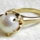 Pearl Engagement Ring, 8 mm Cultured Pearl Antique Engagement Ring Claw Set Pearl Ring Vintage