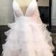High Low Ruffle Organza Wedding Dress with Detachable Train, Lace Wedding Dresses, High Low Wedding Dress, Ruffles, Reception Dress