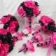 Wedding Bridal Bouquets Your Colors 18 pcs Package Fuchsia Hot Pink Black Roses Toss Bridesmaids  Boutonnieres Corsages FREE SHIPPING