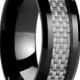 8mm Black Tungsten Carbide Wedding Band With Silver Carbon Fiber Inlay